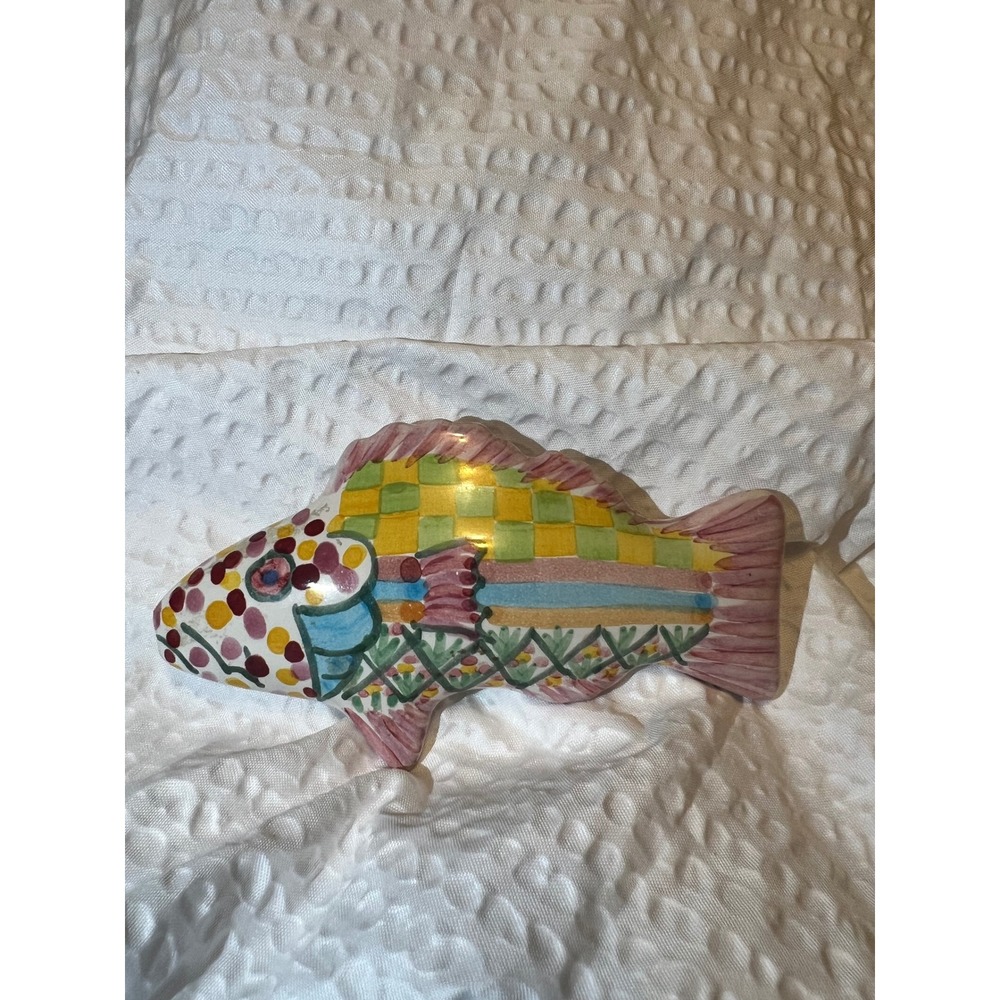 MacKenzie-Childs Ceramic Fish Knob 5in Colorful‎ Checker Pink Pull Handle